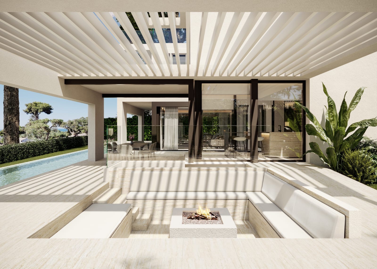 Sunken firepit lounge and swimming pool render
